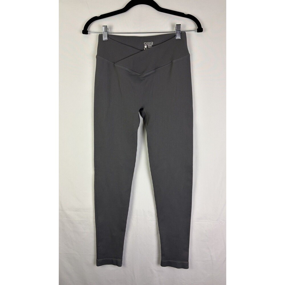 OQQ Leggings Womens Large Gray Ribbed Knit V-Shaped High Waisted Yoga Pilates